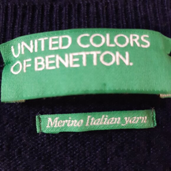 NWOT United Colors of Benetton Crew Neck Merino Wool Sweater Dark Blue M Unisex - Picture 12 of 13
